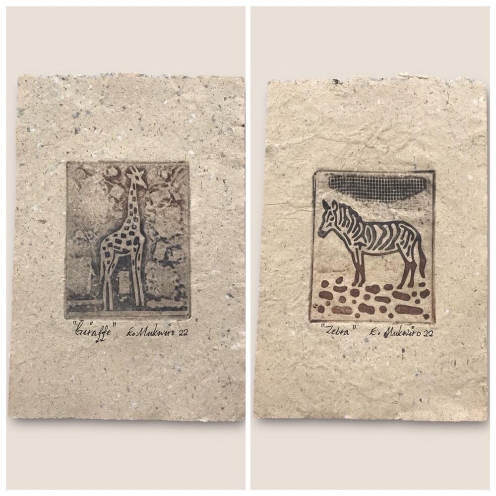 African Animal Print Etchings on Handmade Paper Mukwiro "Zebra" & "Giraffe"